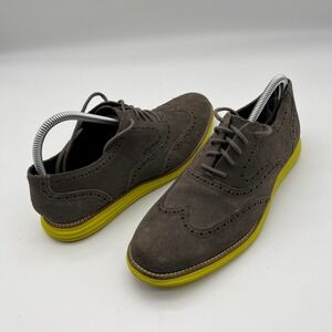 Cole Haan Grand OS Mens 8 Gray Suede Wingtip Oxford Shoes Neon Yellow Sole